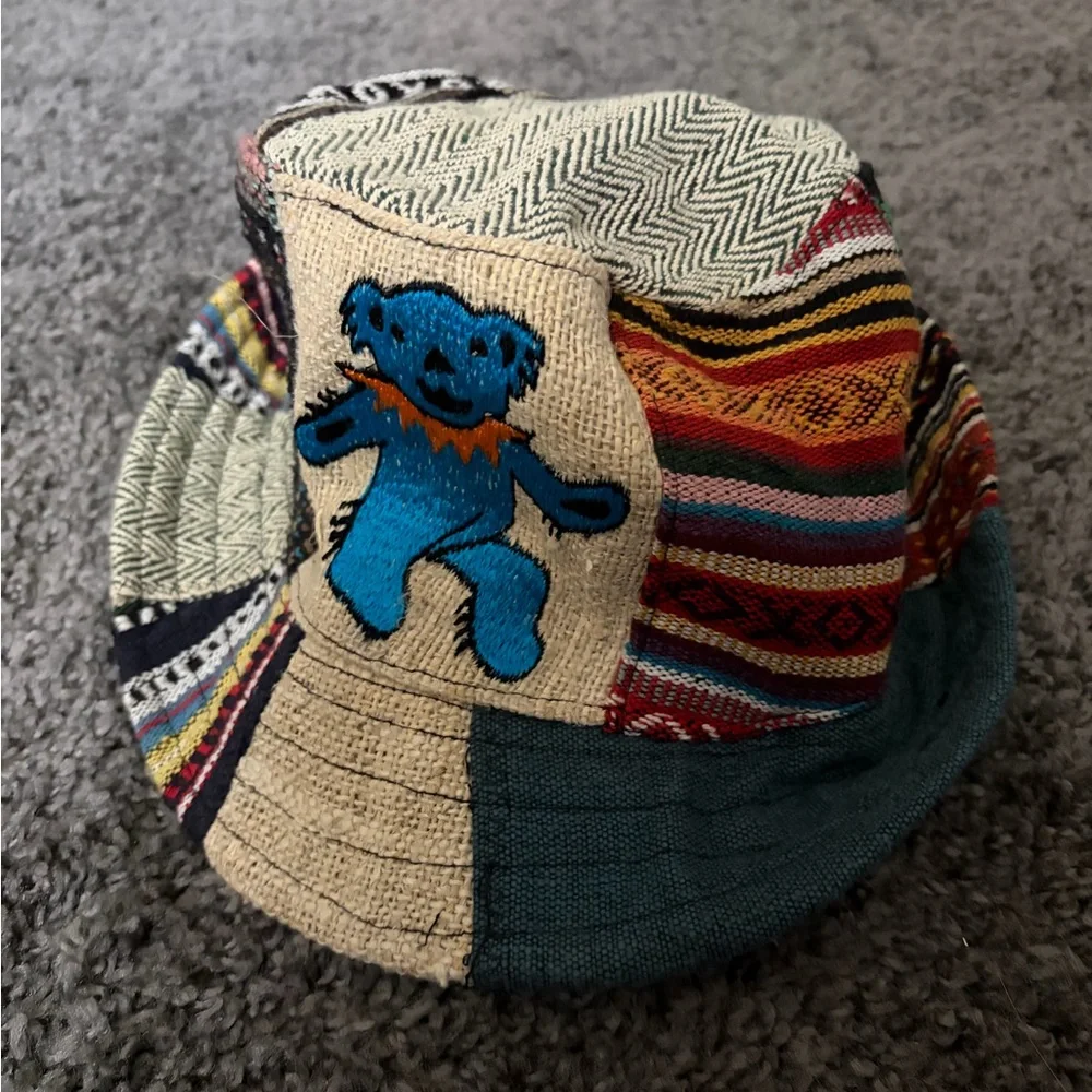 Boho Patchwork Bucket Hat with Blue Bear Accent